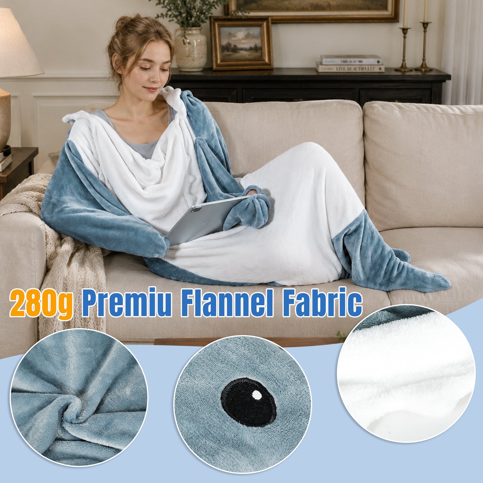 QUSLLIS Hai Kostüm Hai Decke – Marshmallow Decke mit Kapuze, Weicher Flanell Onesie Schlafsack Tragbare Decke für Erwachsene Kinder - XXL