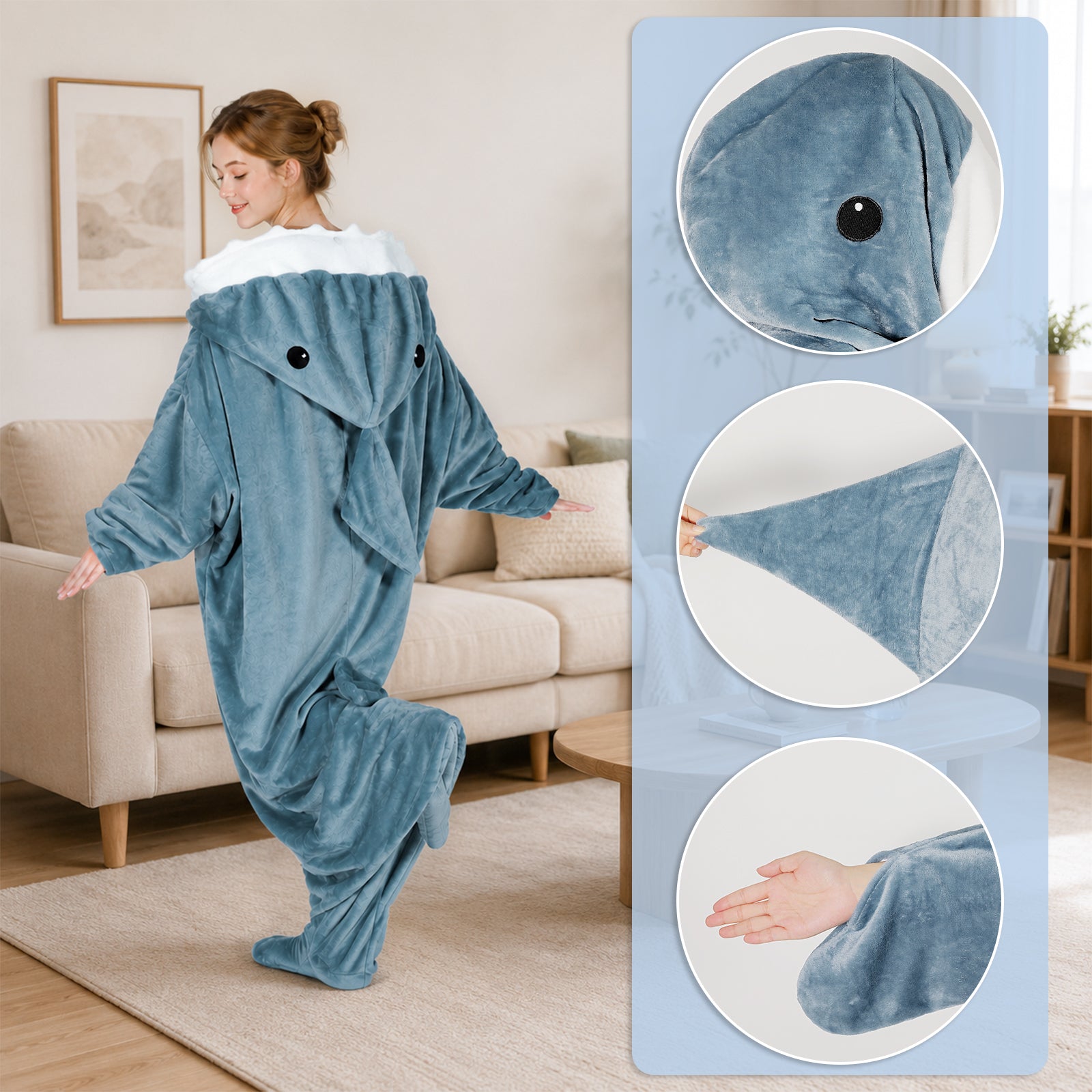 QUSLLIS Hai Kostüm Hai Decke – Marshmallow Decke mit Kapuze, Weicher Flanell Onesie Schlafsack Tragbare Decke für Erwachsene Kinder - XXL