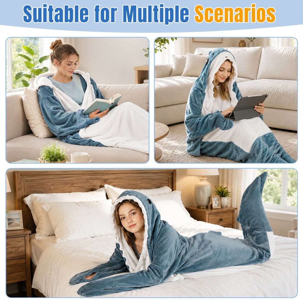 QUSLLIS Hai Kostüm Hai Decke – Marshmallow Decke mit Kapuze, Weicher Flanell Onesie Schlafsack Tragbare Decke für Erwachsene Kinder - L