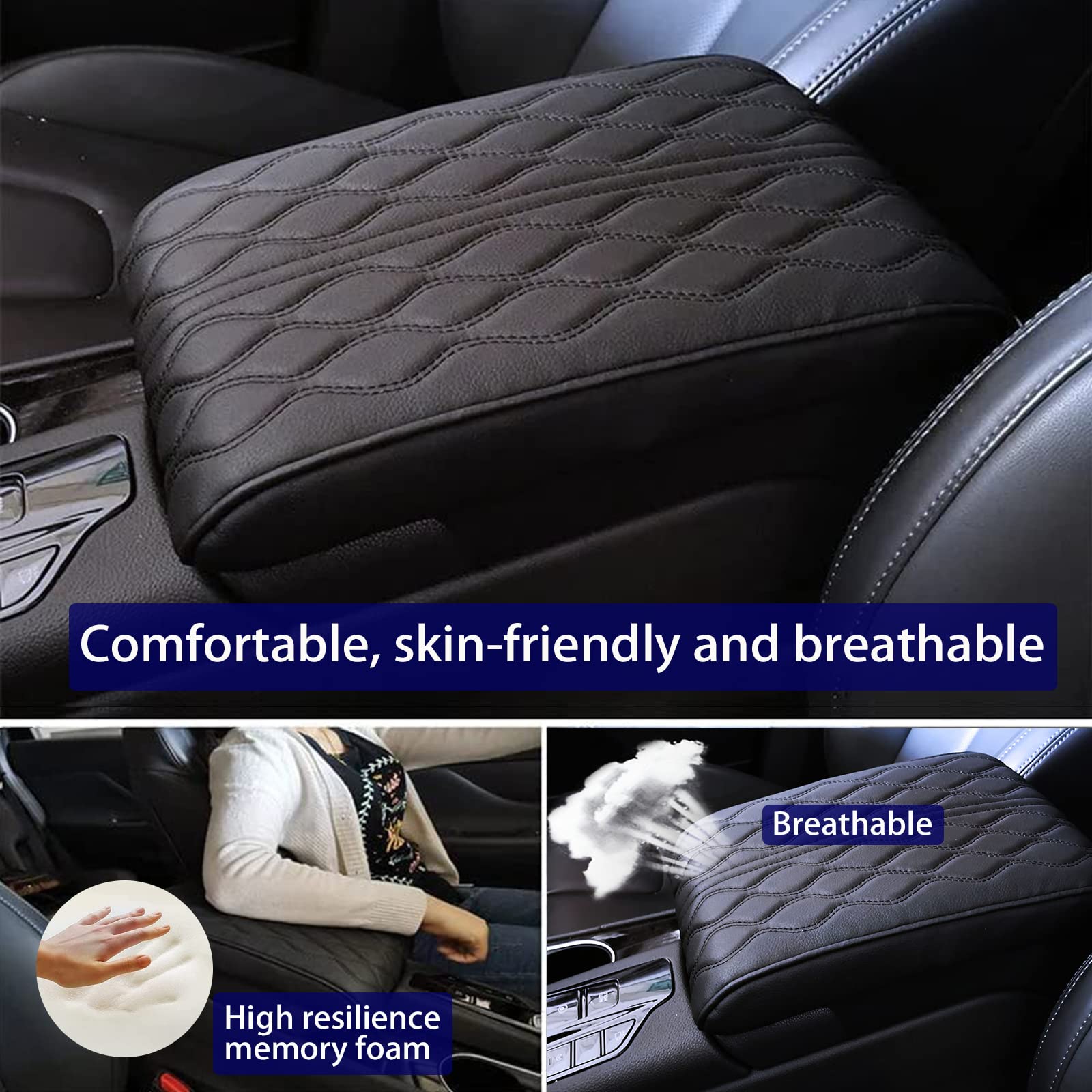 Armlehnenbox aus Gedächtnisschaum für Fahrzeuge - Leather Car Armrest Box Pad, Universal Auto Armlehnen Auflage, Auto Mittelkonsole Pad, Mittelkonsole Abdeckung, Dicke 5cm(Schwarz)