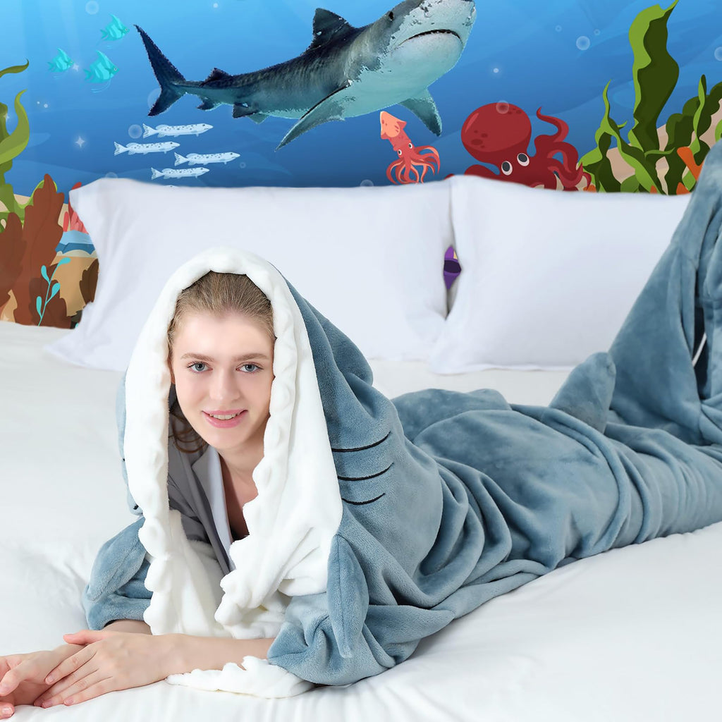 Coperta Squalo in Morbidissima Flanella Con Cappuccio - Tuta Squalo Indossabile per Adulti e Bambini L