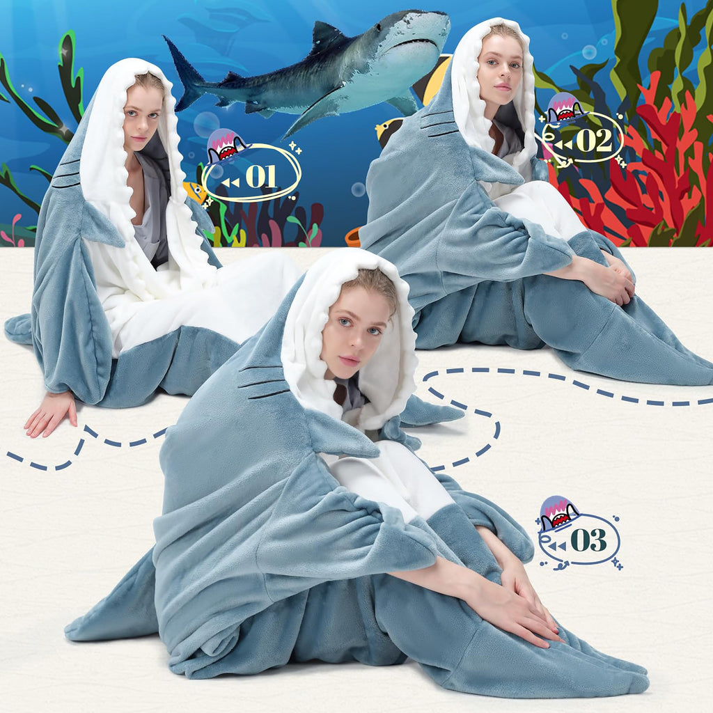 Coperta Squalo in Morbidissima Flanella Con Cappuccio - Tuta Squalo Indossabile per Adulti e Bambini L