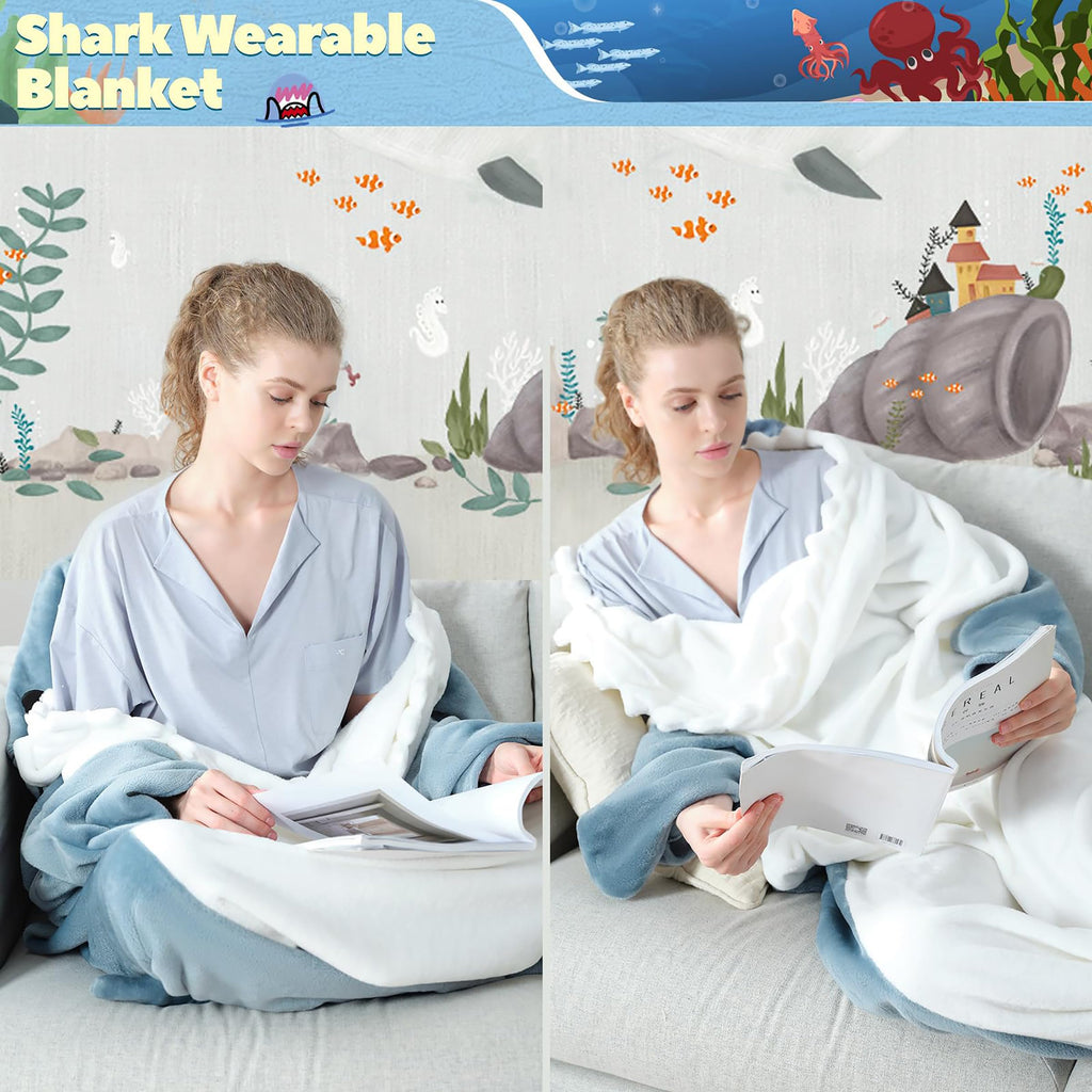 Coperta Squalo in Morbidissima Flanella Con Cappuccio - Tuta Squalo Indossabile per Adulti e Bambini L