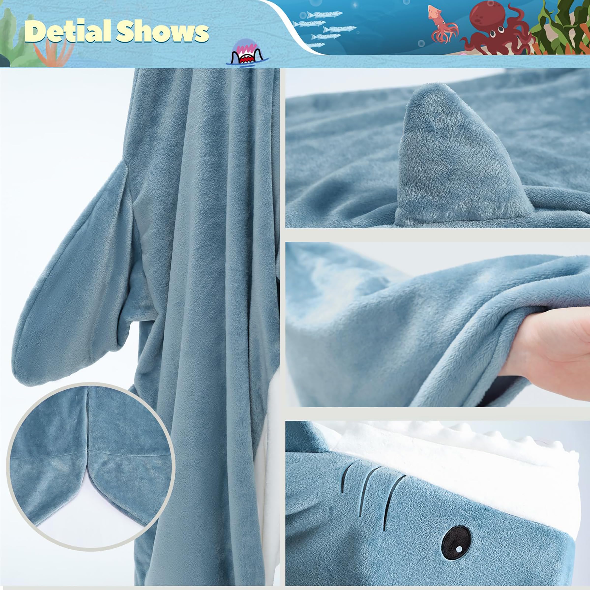 Coperta Squalo in Morbidissima Flanella Con Cappuccio - Tuta Squalo Indossabile per Adulti e Bambini L