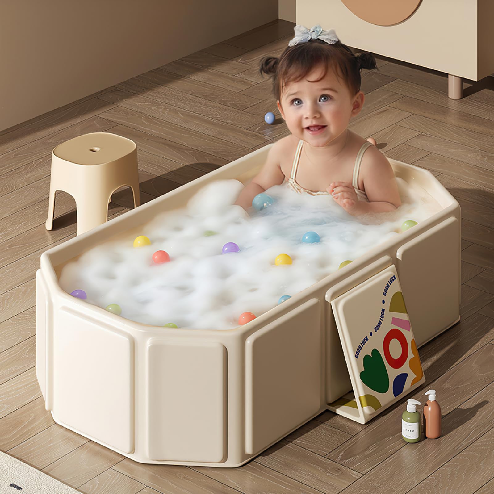 Baignoire pliable bébé - Multifonction et portable pour enfants 0-8 ans, Baignoire enfant pliable pour douche avec bouchon de vidange, Économisante en espace, Solution pratique et spacieuse, Beige